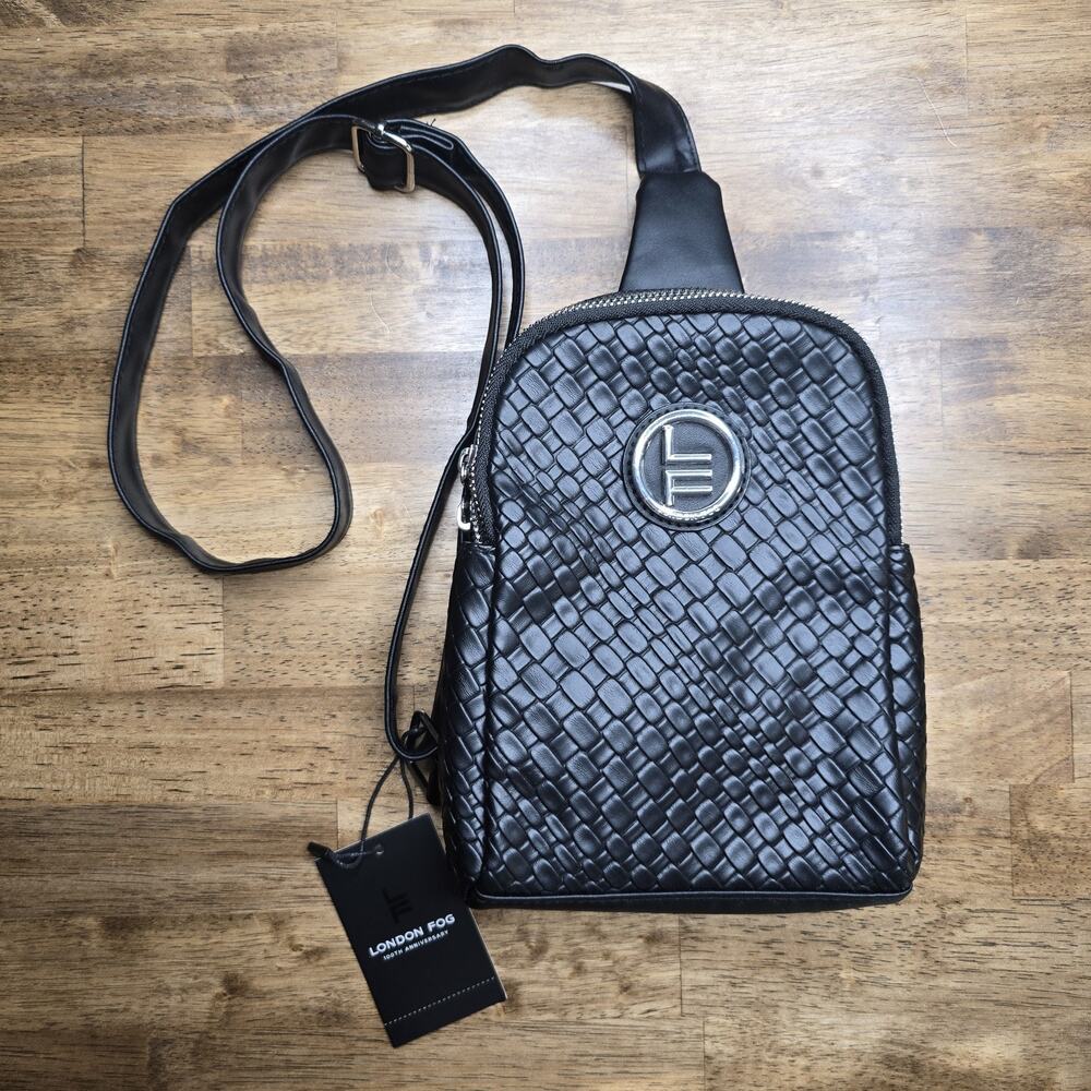 London Fog Black Broadway Double Compartment Woven Sling NWT